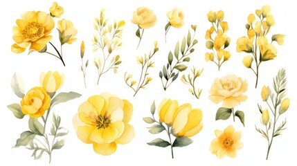  a bunch of yellow flowers that are painted in watercolor on a white background, with green leaves and stems.