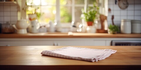 Fototapeta na wymiar Blurred kitchen interior with table and desk on a napkin.