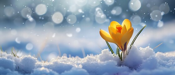 yellow crocus in snow with clear blue sky, Spring is coming, new beginning, background banner with copy space for web and greeting cards - obrazy, fototapety, plakaty