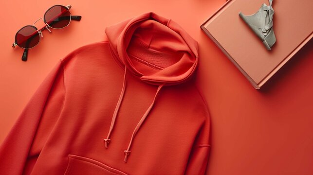 Top View red Sweater and Hoodie Mock-up: Unisex Fashion, Book, Sunglasses, Ai generated