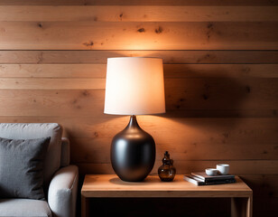 Table lamp on a bedside table against a wooden wall background