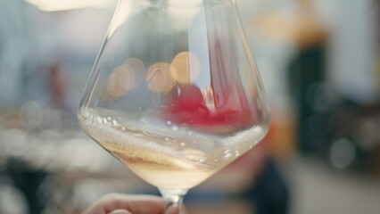 Man hand shaking white wine glass street bar close up. Sommelier swirling drink