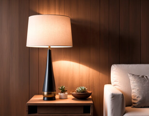 A table lamp and indoor plants on a nightstand near a light sofa. Modern design of living room or bedroom