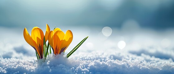 yellow crocus in snow with clear blue sky, Spring is coming, new beginning, background banner with...