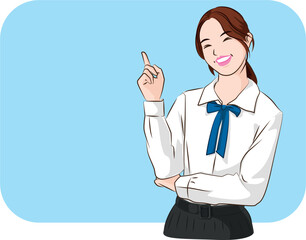 The young Asian student with uniform standing to presenting on the blue background. 