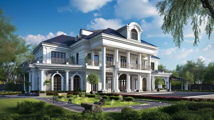 Fototapeta na wymiar Very beautiful luxury mansion. Exterior of a large white house