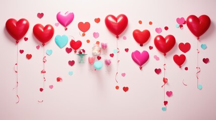  a bunch of red and pink heart balloons on a pink background with confetti and streamers in the shape of hearts.
