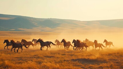 Wild horses herd running in dry steppe with green trees
