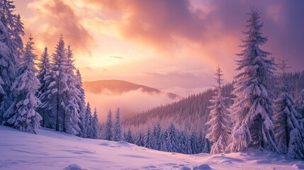 Winter landscape wallpaper with pine forest covered with snow and scenic sky at sunset. Snowy fir tree in beauty nature scenery. Christmas and new year greeting card background.