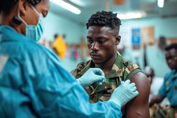 Young army man getting vaccinated by a health worker at the clinic - obrazy, fototapety, plakaty