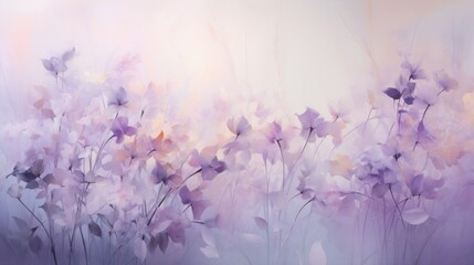  a painting of a bunch of flowers on a white and purple background with a blurry image of the flowers.