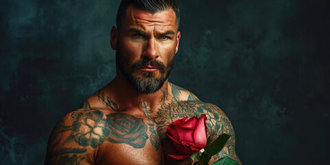 A tattooed muscular bearded man, romantic emotivity, is holding a rose in his hand - obrazy, fototapety, plakaty