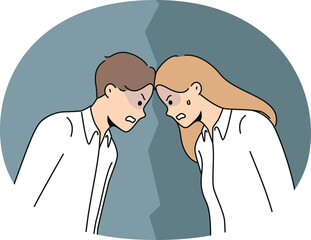 Angry man and woman confrontation at workplace. Furious male and female rivals or competitors fight at work. Rivalry and competition.