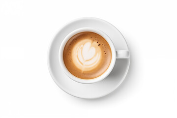 Aerial view coffee cup with heart shape foam isolated on white background