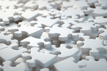 Blank white jigsaw puzzle pieces on top of each other
