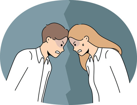 Angry man and woman confrontation at workplace. Furious male and female rivals or competitors fight at work. Rivalry and competition.