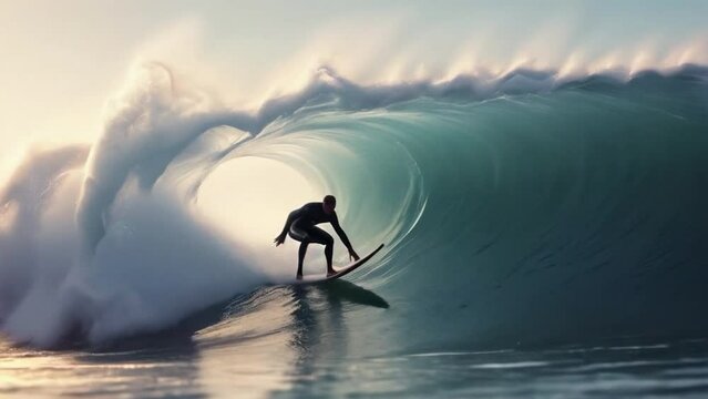Surfers riding hude waves. Loopable. AI generated