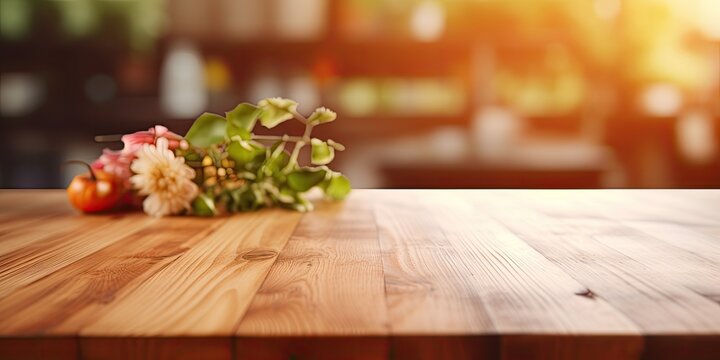 Wooden table top in blurred kitchen background.