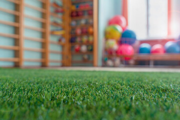 Sport class room with artificial carpet with green grass is filled with sports equipment toys and fitness balls for children physical education or medical rehabilitation - obrazy, fototapety, plakaty