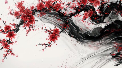 Black and red abstract illustration painted with brush.Red flowers, black wave, cherry blossom on chinese paper. Abstract chinese, japanese ink calligraphy painting. - obrazy, fototapety, plakaty