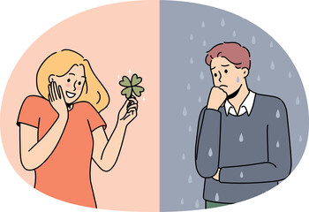 Set of lucky and unlucky people in life. Unhappy stressed man and smiling optimistic woman feeling different moods.