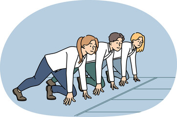 Motivated businesspeople at start at stadium prepared for running contest. Employees or colleagues ready for race. Rivalry and competition.