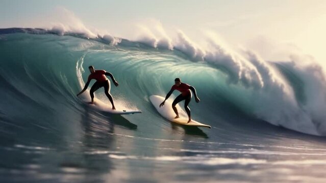 Surfers riding hude waves. Loopable. AI generated