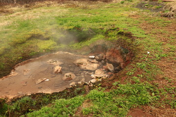 The Geysir geothermal field is a collection of hot springs, a dome and a volcanic cone that make up the remains of an ancient volcano in Iceland.