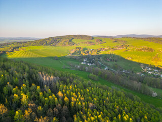 Green rural landscape around Liberec. Sunny summer evening, Czechia