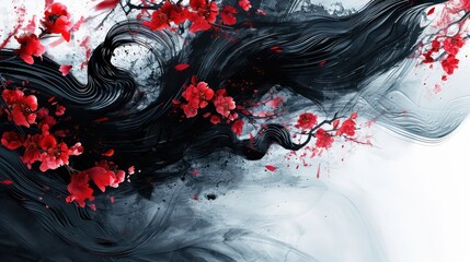 Black and red abstract illustration painted with brush.Red flowers, black wave, cherry blossom on chinese paper. Abstract chinese, japanese ink calligraphy painting.