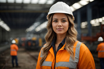 Portrait of Industry maintenance engineer woman wearing uniform and safety hard hat on factory station. Industry, Engineer, construction in background. 