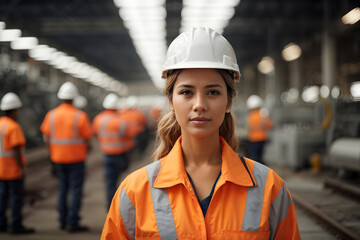 Portrait of Industry maintenance engineer woman wearing uniform and safety hard hat on factory station. Industry, Engineer, construction in background. 