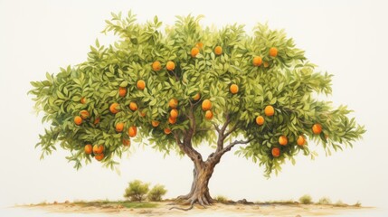  a painting of an orange tree with lots of oranges growing on it's branches and a white background.