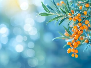 Sea buckthorn branch with ripe orange colored fruits against blurred background, panoramic banner...