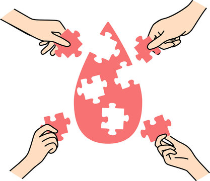Drop of blood from puzzles in hands, as metaphor for donation and fight against cancer caused by leukocyte disease. People donate blood to help sick patients in need of plasma transfusions