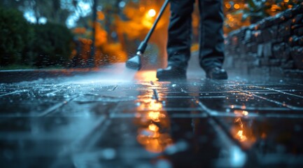 an individual cleaning the driveway with a spray