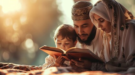Happy muslim family reading holy quran together in the morning - obrazy, fototapety, plakaty