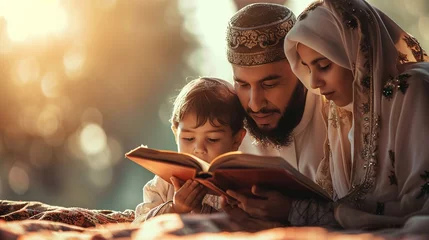 Fotobehang Happy muslim family reading holy quran together in the morning © zenith