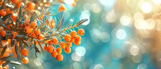 Sea buckthorn branch with ripe orange colored fruits against blurred background, panoramic banner...