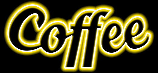 coffee text with yellow neon light on black background