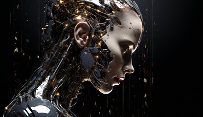 Female head with a robot head on a black background