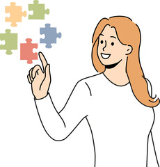 Confident woman doing brainstorming touching with finger flying puzzles symbolizing business task that requires solution. Girl with smile solves complex business problem on behalf of manager.