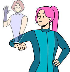Futuristic woman uses watch with female friend hologram for remote communication and chatting. Brave girl from future sees hologram of person obtained thanks to augmented reality technology