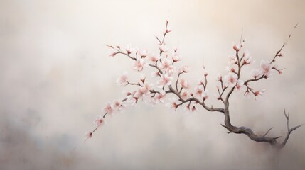  a painting of a branch with pink flowers in the foreground and a blurry background in the back ground.