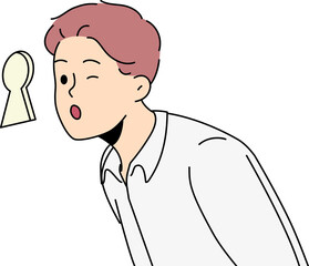 Curious business man looks through keyhole, wanting to find out corporate secrets of competitors or partners. Guy business manager spies on subordinates to avoid unwanted actions by company employees