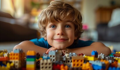 boy is playing with bloks in home - obrazy, fototapety, plakaty