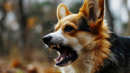 portrait of an irritable corgi with hostile behavior and an open mouth running in an open space against 