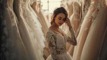 Fototapeta premium A young bride choosing wedding dress