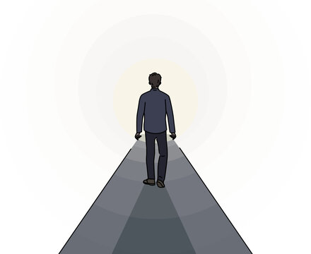 Man walks through dark tunnel towards exit, striving to achieve success and get out of problematic situation. Lonely guy sees light at end of tunnel, walking along mysterious path.