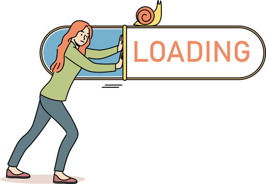 Woman suffers from slow internet and pushes loading bar with snail, needing to connect to 5G network. Problems with internet causing decrease in productivity for completing work tasks